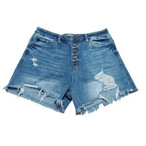 KanCan Junior's Medium Wash Button Fly Distressed Raw Hem Blue Denim Jean Shorts